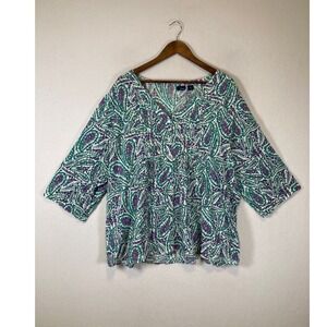 Breathable Cotton Basic Editions Women 3X Purple Teal Floral Paisley Blouse